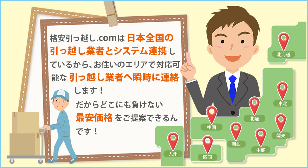 格安引っ越し.comは日本全国の引っ越し業者とシステム連携しているから、お住いのエリアで対応可能な引っ越し業者へ瞬時に連絡します!だからどこにも負けない最安価格をご提案できるんです!